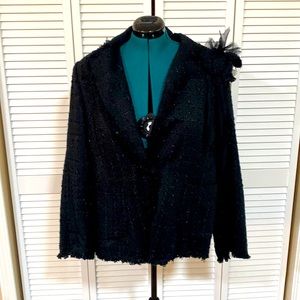 SilkLand Woman Size 2X Lined Black Fringe Nubby Blazer w/ Shoulder Accent